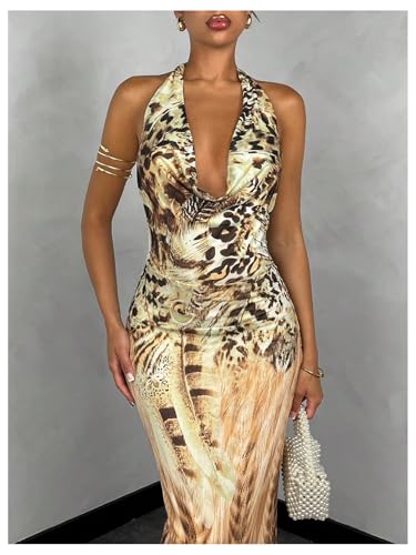 Women's Deep Cowl Neck Halter Dress Sleeveless Tie Backless Bodycon Animal Print Maxi Dress