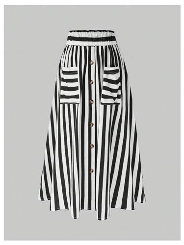 Women's Plus Size Striped High Waist Button Decor Flare A Line Maxi Skirt with Pockets