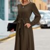 Womens Long Sleeve Casual Dresses 2025 Business Work Teacher Fall Church Belted A Line Flowy Midi Dress