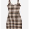 Women's Plaid Sleeveless Bodycon Mini Dress Square Neck Pencil Tank Dress