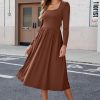 41LIJ2EmcpL.jpg Women's Summer Square Neck Ribbed Knit Short/Long Sleeve A Line Flowy Midi Dress with Pockets