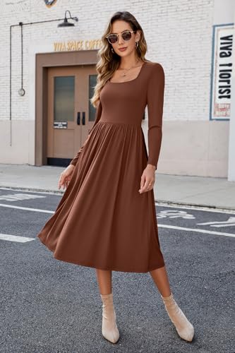 41LIJ2EmcpL.jpg Women's Summer Square Neck Ribbed Knit Short/Long Sleeve A Line Flowy Midi Dress with Pockets