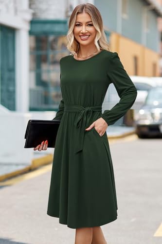 41LSIY57x3L.jpg Womens Long Sleeve Casual Dresses 2025 Business Work Teacher Fall Church Belted A Line Flowy Midi Dress