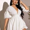 41LSi7DdLOL.jpg Women's Deep V Neck Puff Sleeve High Rise Flare Dress Elastic Waist Dress