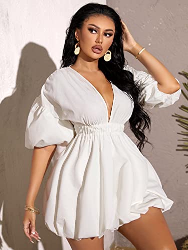 41LSi7DdLOL.jpg Women's Deep V Neck Puff Sleeve High Rise Flare Dress Elastic Waist Dress