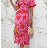 41Lgm-0r-rL.jpg Women's Floral Print V Neck Ruffle Short Sleeve Dress Split A Line Long Dresses