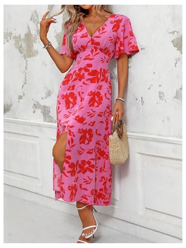 41Lgm-0r-rL.jpg Women's Floral Print V Neck Ruffle Short Sleeve Dress Split A Line Long Dresses