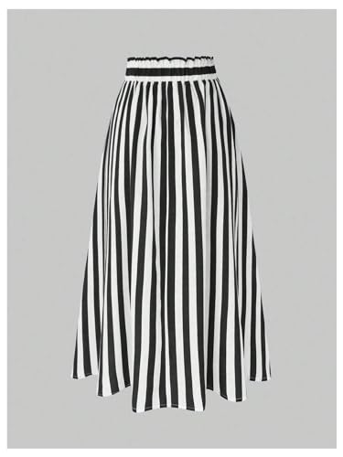 Women's Plus Size Striped High Waist Button Decor Flare A Line Maxi Skirt with Pockets