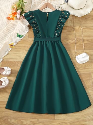 Girl's Flounce Sleeve Belted Gold Snowflake Party Swing A Line Dress