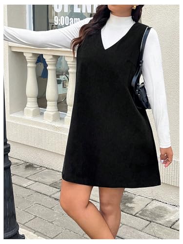 41Lq7mCYoL.jpg Women's Plus Size Corduroy V Neck Tank Overall Dress Sleeveless Loose Casual Short Dress