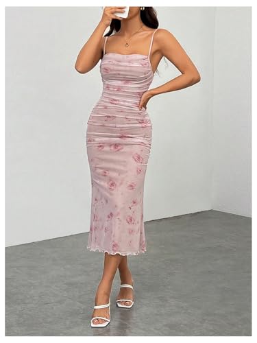 41M6-3qI1gL.jpg Women's Floral Print Ruched Sleeveless Cami Dress Fishtail Bodycon Midi Dress