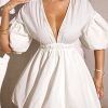 41MR6Bq1cgL.jpg Women's Deep V Neck Puff Sleeve High Rise Flare Dress Elastic Waist Dress