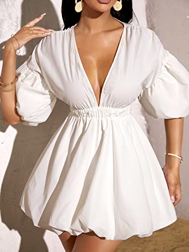 41MR6Bq1cgL.jpg Women's Deep V Neck Puff Sleeve High Rise Flare Dress Elastic Waist Dress