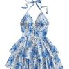 Women's Floral Layered Ruffle Halter Mini Dress Lace Up Tie Backless Deep V Neck A Line Dresses