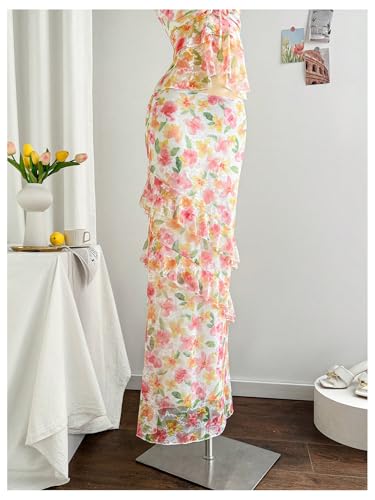 Women's Floral 2 Piece Skirt Outfits Strapless Bandeau Ruffle Top Maxi Skirts Set Vacation Outfits