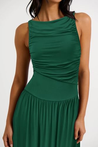 41NFb4wz2YL.jpg Women 2025 Summer Maxi Dresses Vacation Ruched Boat Neck Tank Flowy Elegant Party Long Formal Dress Pockets