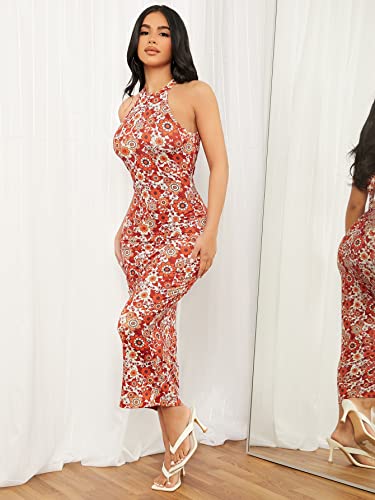 Women's Floral Print Halter Neck Sleeveless Bodycon Pencil Long Dresses