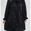 Women's Plus Size Pearl Beaded Tie Neck Long Sleeve Casual Work Short Dress