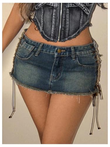41NvcMD-rbL.jpg Women's Lace Up Side Bodycon Denim Mini Skirt Y2k Low Rise Frayed Hem Jean Skirts