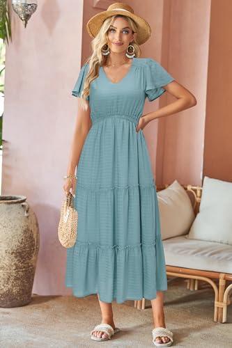 Women's 2025 Summer Boho Maxi Dresses Flutter Short Sleeve V Neck Casual Beach Wedding Guest Vacation Long Dress