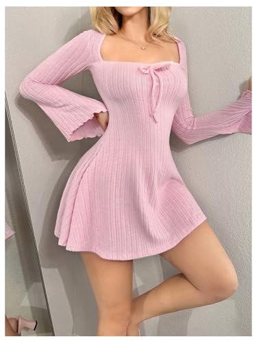 Women's Bell Long Mini Dress Bow Front Square Neck A Line Knit Dresses