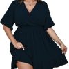 41OBAUslKEL.jpg Plus Size Casual Summer Dress for Women Swiss Dot Wrap V Neck Ruffle Sleeve Smock Boho Mini Dress