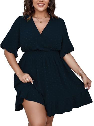 41OBAUslKEL.jpg Plus Size Casual Summer Dress for Women Swiss Dot Wrap V Neck Ruffle Sleeve Smock Boho Mini Dress