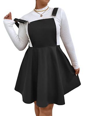 Women's Plus Size PU Leather Overalls Sleeveless Flare Hem Solid Pinafore Dress
