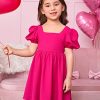 41OGdr2qo3L.jpg Toddler Girl's Square Neck Short Puff Sleeve A Line Flared Tie Back Cute Mini Dress