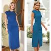 41OHBBWvWhL.jpg Women 2025 Summer Casual Bodycon Long Midi Ruched Side Slit Cap Sleeve Crew Neck Slim Fit Vacation Dress