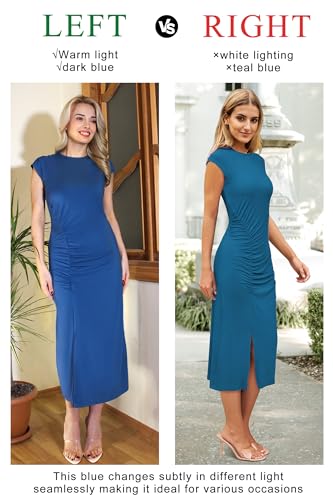 41OHBBWvWhL.jpg Women 2025 Summer Casual Bodycon Long Midi Ruched Side Slit Cap Sleeve Crew Neck Slim Fit Vacation Dress