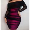 41OJ9nb0y8L.jpg Women's Plus Size Off Shoulder Ruched Bodycon Dress Long Sleeve Mesh Mini Pencil Dresses