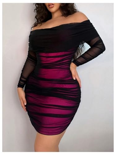 41OJ9nb0y8L.jpg Women's Plus Size Off Shoulder Ruched Bodycon Dress Long Sleeve Mesh Mini Pencil Dresses