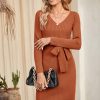 Womens 2025 Sweater Dress Long Sleeve Fall Midi Ribbed Knit Winter Belted Bodycon Dresses Work Clothes