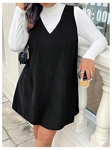 41OPtWSoszL.jpg Women's Plus Size Corduroy V Neck Tank Overall Dress Sleeveless Loose Casual Short Dress
