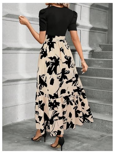 Women's Floral Print Color Block Maxi Dress Puff Sleeve Belted A Line Dresses
