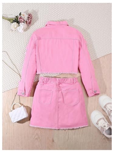 41OeAWJEUQL.jpg Girl's 2 Piece Outfits Ripped Button Down Jacket Elastic Waist Denim Skirt Set