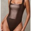 Women's PU Leather Bodysuit Tank Tops Square Neck Sleeveless Slim Fit Leotard Top