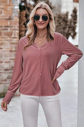 41OzNdeRjSL.jpg Women's Velvet Smocked Dressy Casual Fall Outfits Long Sleeve Button Down Shirts Business Work Tops Trendy