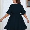 41P6W3INoFL.jpg Plus Size Casual Summer Dress for Women Swiss Dot Wrap V Neck Ruffle Sleeve Smock Boho Mini Dress