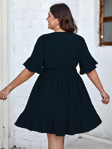 41P6W3INoFL.jpg Plus Size Casual Summer Dress for Women Swiss Dot Wrap V Neck Ruffle Sleeve Smock Boho Mini Dress