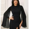 Women's Mock Neck Pleated Cloak Long Sleeve Split Hem Cocktail Bodycon Cape Dress