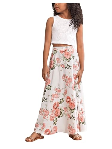 Girl's 2 Piece Outfits Lace Sleeveless Tank Top and Floral Print A Line Skirt Set