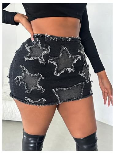 41PtT-B1k7L.jpg Women's Plus Size Y2k Star Patch High Waist Denim Skirt Distressed Bodycon Mini Skirts