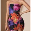 Women's 2 Piece Outfits Floral Print Drawstring Asymmetrical Tube Top and Bodycon Mini Skirt Set