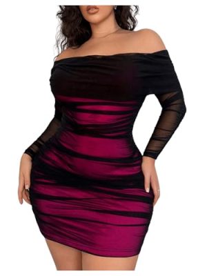 Women's Plus Size Off Shoulder Ruched Bodycon Dress Long Sleeve Mesh Mini Pencil Dresses