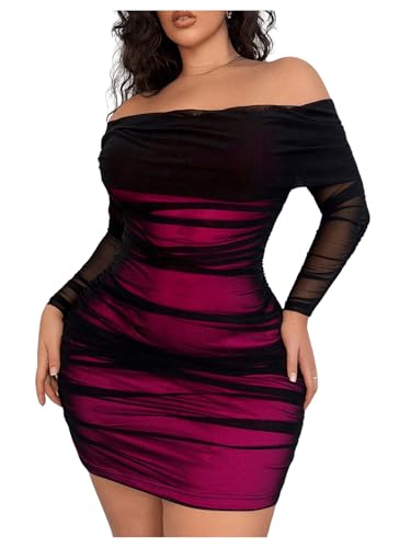 41QG3xcuIsL.jpg Women's Plus Size Off Shoulder Ruched Bodycon Dress Long Sleeve Mesh Mini Pencil Dresses