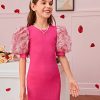 Girl's Ribbed Mesh Short Puff Sleeve Cute Birthday Party Pencil Mini Dress