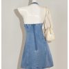 Women's Bow Halter Mini Jean Dress Lace Trim Sleeveless Backless Denim Dresses