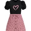 Girl's 2 Pieces Outfits Heart Print Puff Short Sleeve T Shirt and A Line Skirts Sets